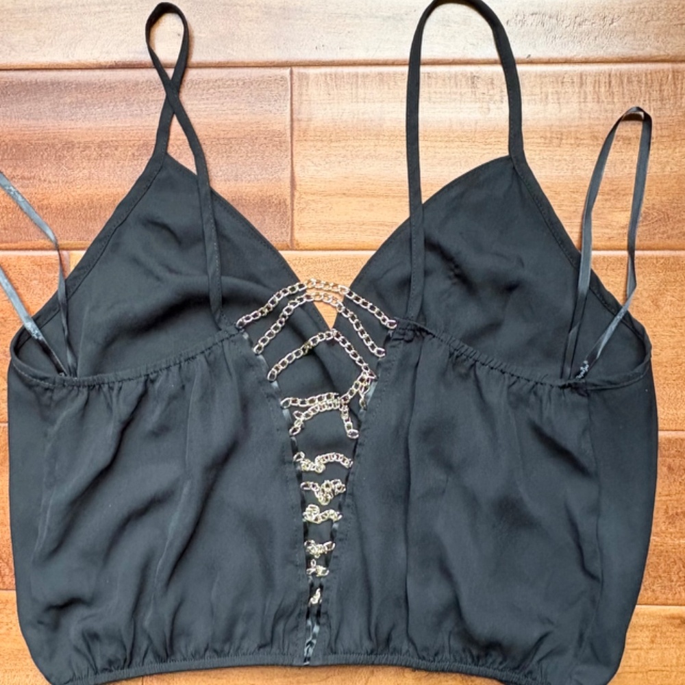 PAPAYA Spaghetti Straps Blouse Sz L‎ Gold Chain Black